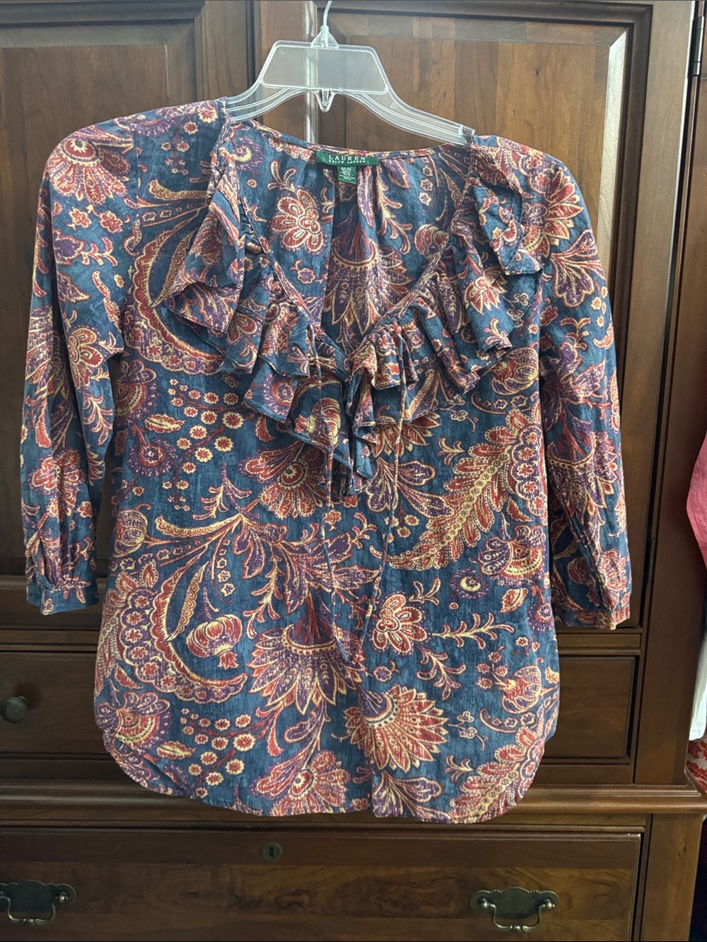 Lauren Ralph Lauren Navy Paisley Ruffle-Front Blouse with Red and Cream Accents